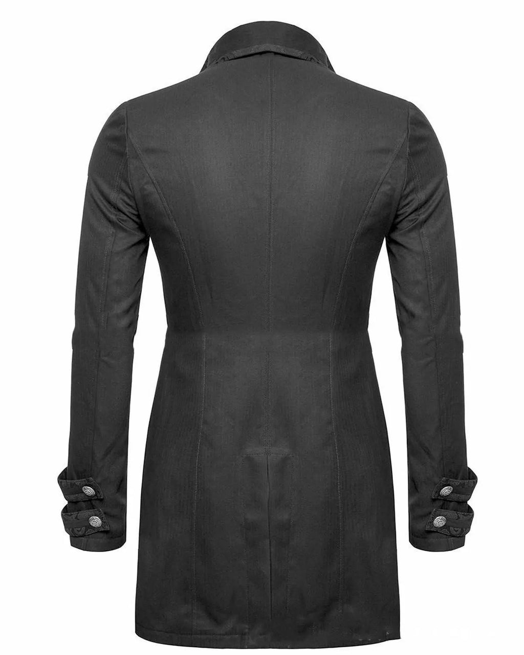 Black Victorian-style morning gown cosplay jacket for men on a hanger.