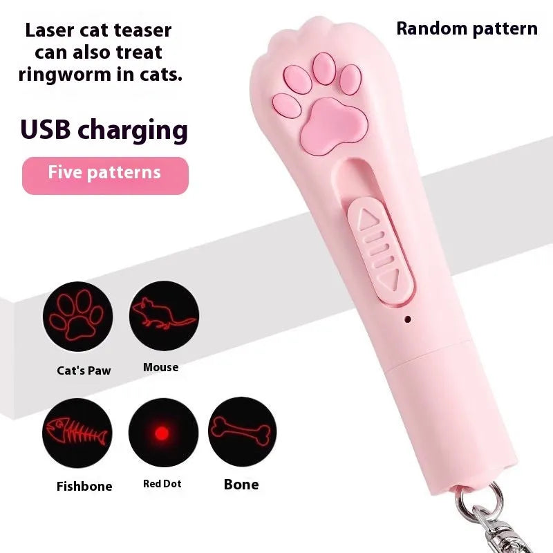 Charging cat teaser pet toy with pen light in cream white, pink, or sky blue.
