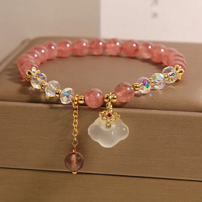 Women's natural crystal bracelet with strawberry quartz and white agate beads in auspicious clouds pattern