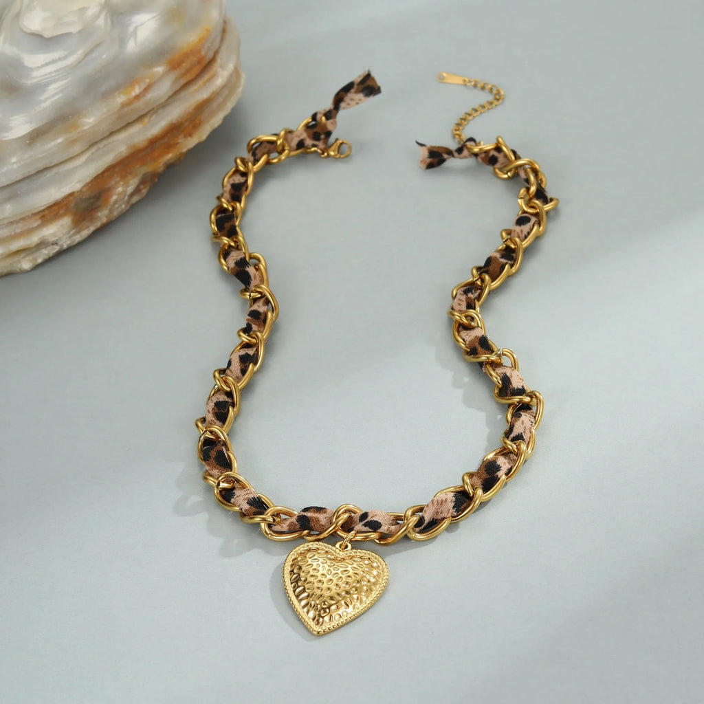 Geometric leopard love pendant stainless steel necklace with adjustable chain for women