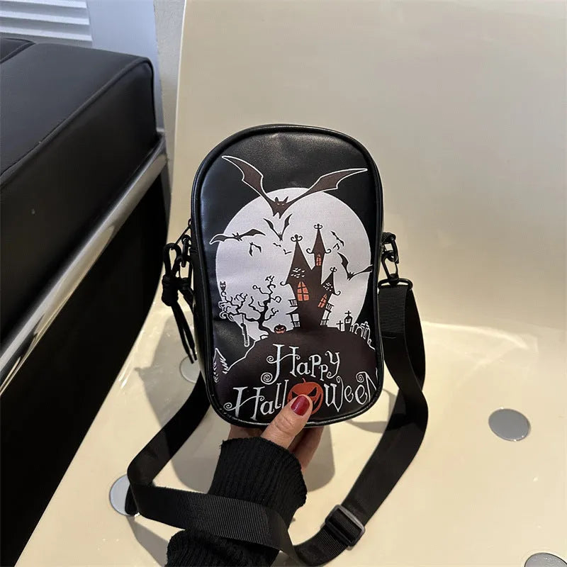 Halloween graffiti phone crossbody bag with cartoon pumpkin ghost bat prints in PU material