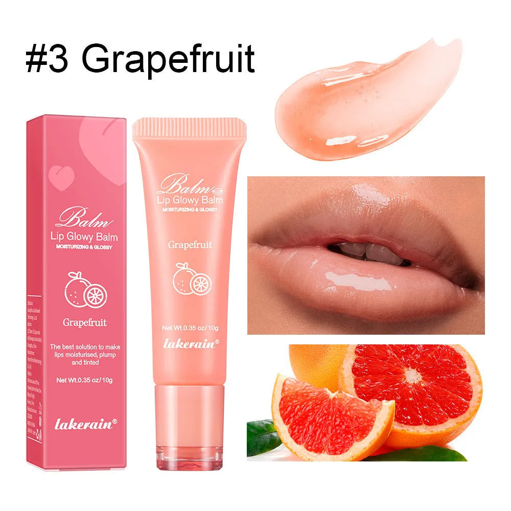 Women's lip gloss in berry, grape, grapefruit and yellow peach flavours with natural finish