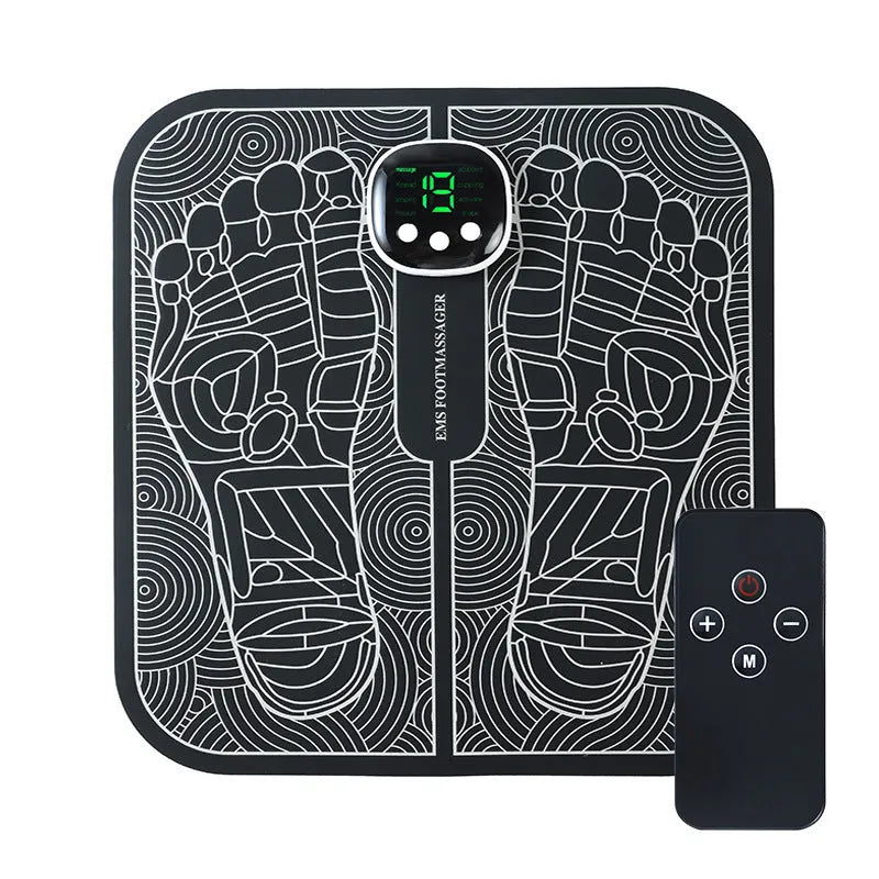 Blue rechargeable foot massager mat with USB cable and push-button controls on a floor.