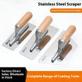 Three stainless steel putty scrapers with wooden handles in different sizes for decorative floor and wall application