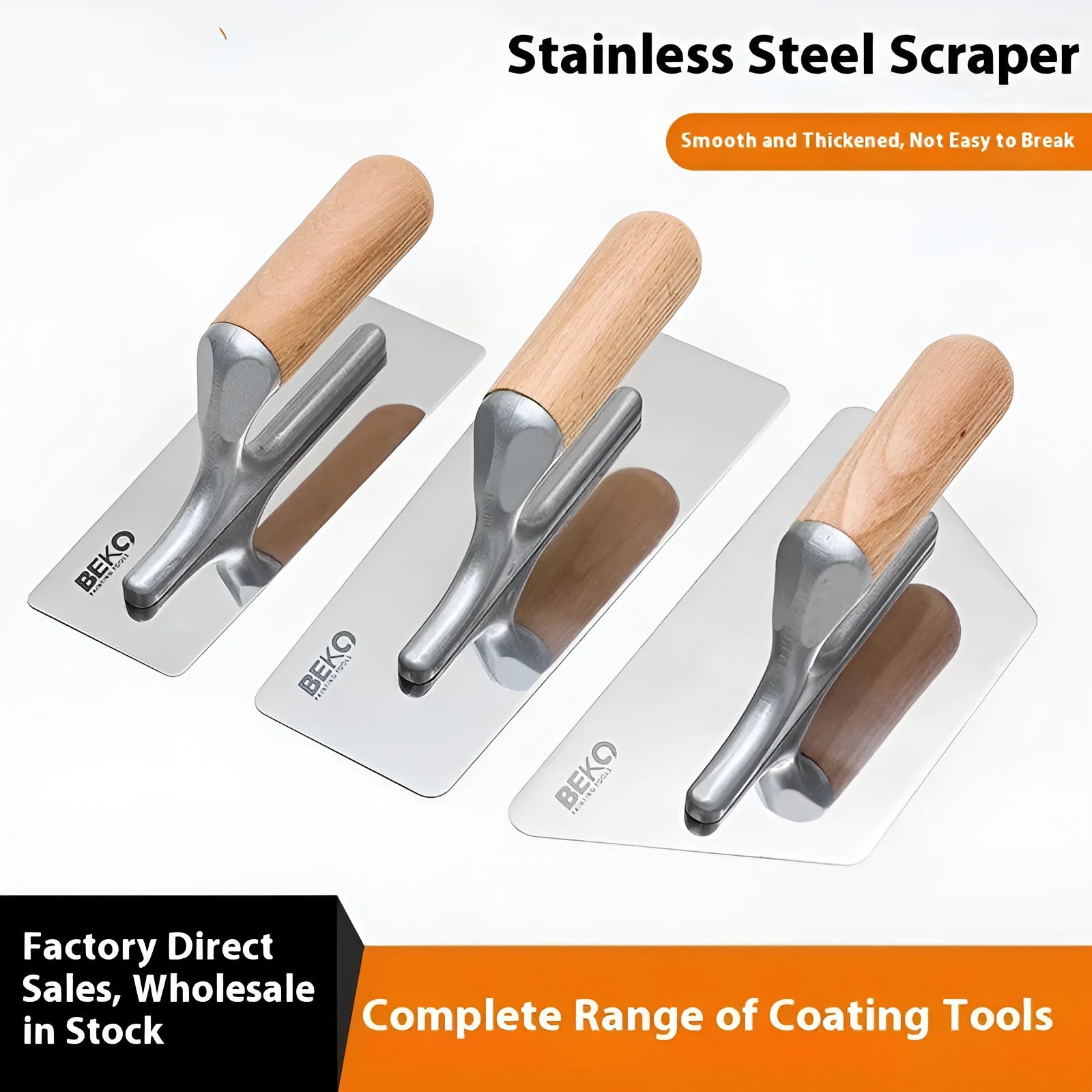 Three stainless steel putty scrapers with wooden handles in different sizes for decorative floor and wall application