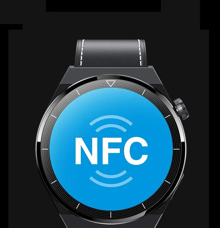 Black and silver Bluetooth call NFC smart watch body with 1.36 inch round screen and silicone band