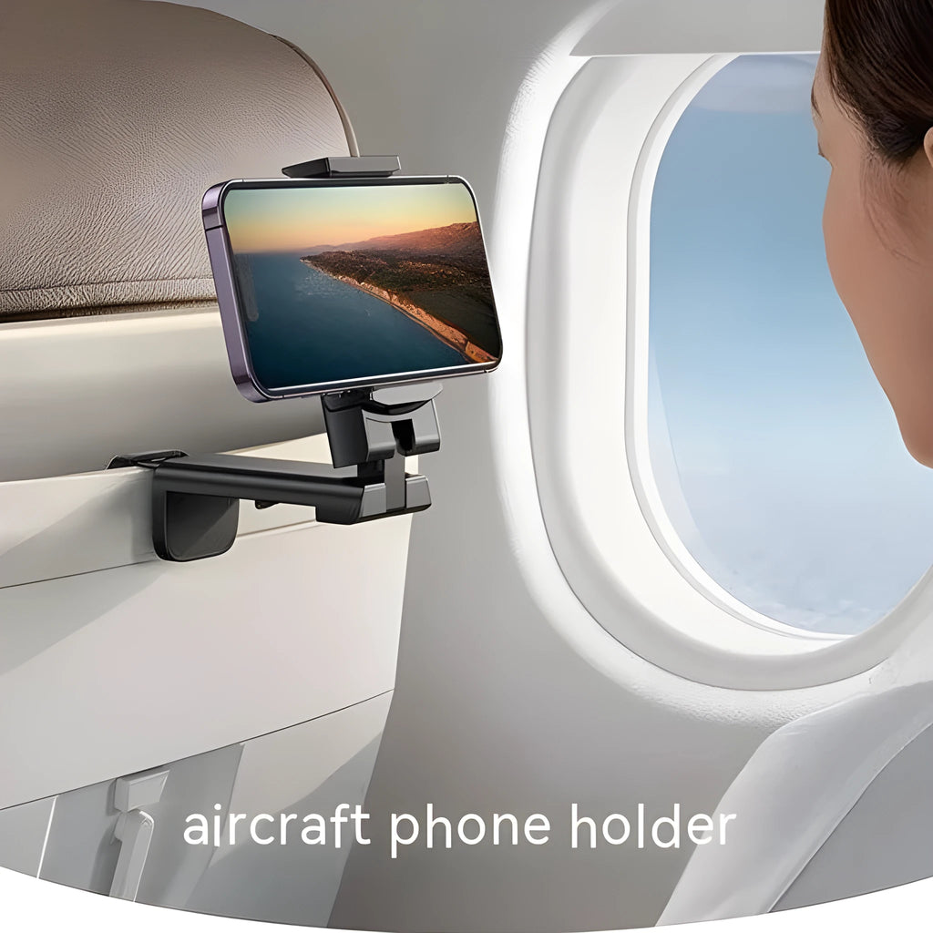 Black foldable rotating phone holder holding a mobile phone upright on a desk.