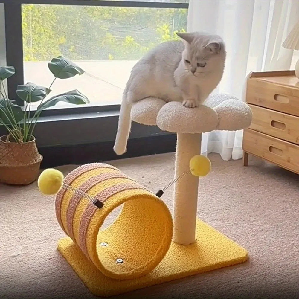Yellow bee design cat climbing frame with sisal scratching board and tunnel measuring 46cm wide