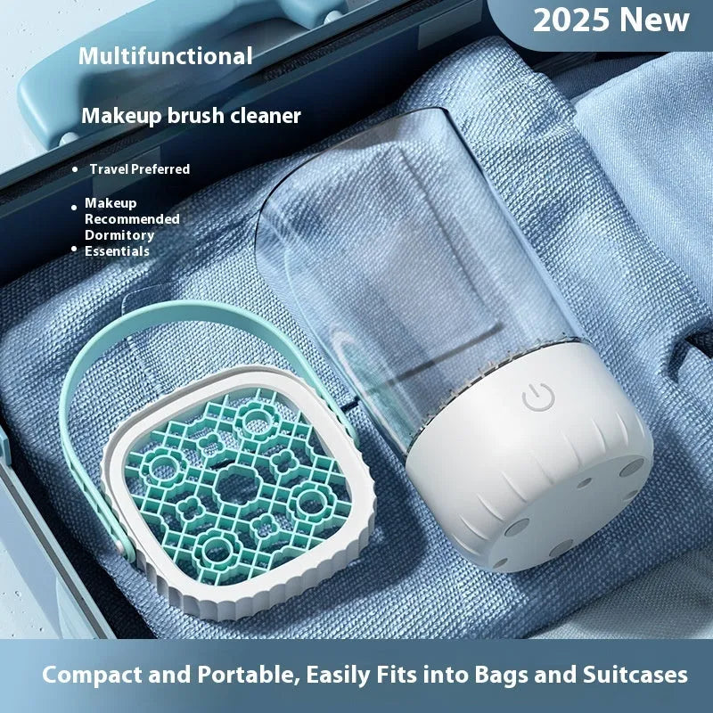 White plastic rechargeable makeup brush cleaning machine measuring 24cm with included data cable