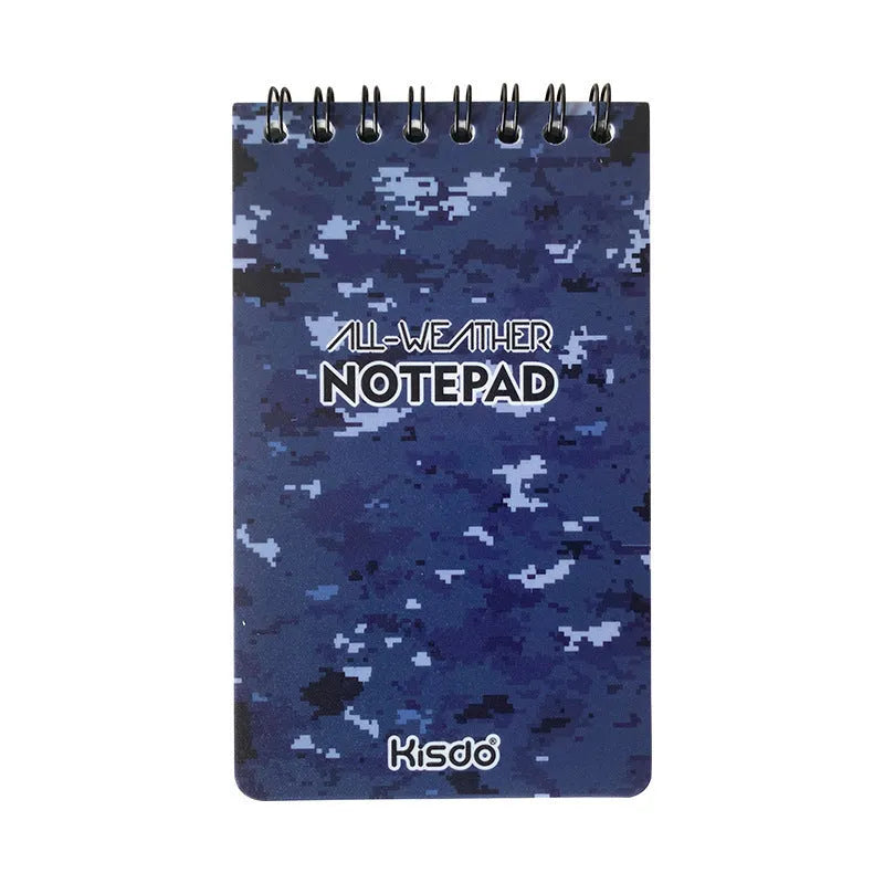 Spiral-bound waterproof notepad with polypropylene cover, open to show stone paper pages, in camouflage colour option.