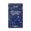 Spiral-bound waterproof notepad with polypropylene cover, open to show stone paper pages, in camouflage colour option.