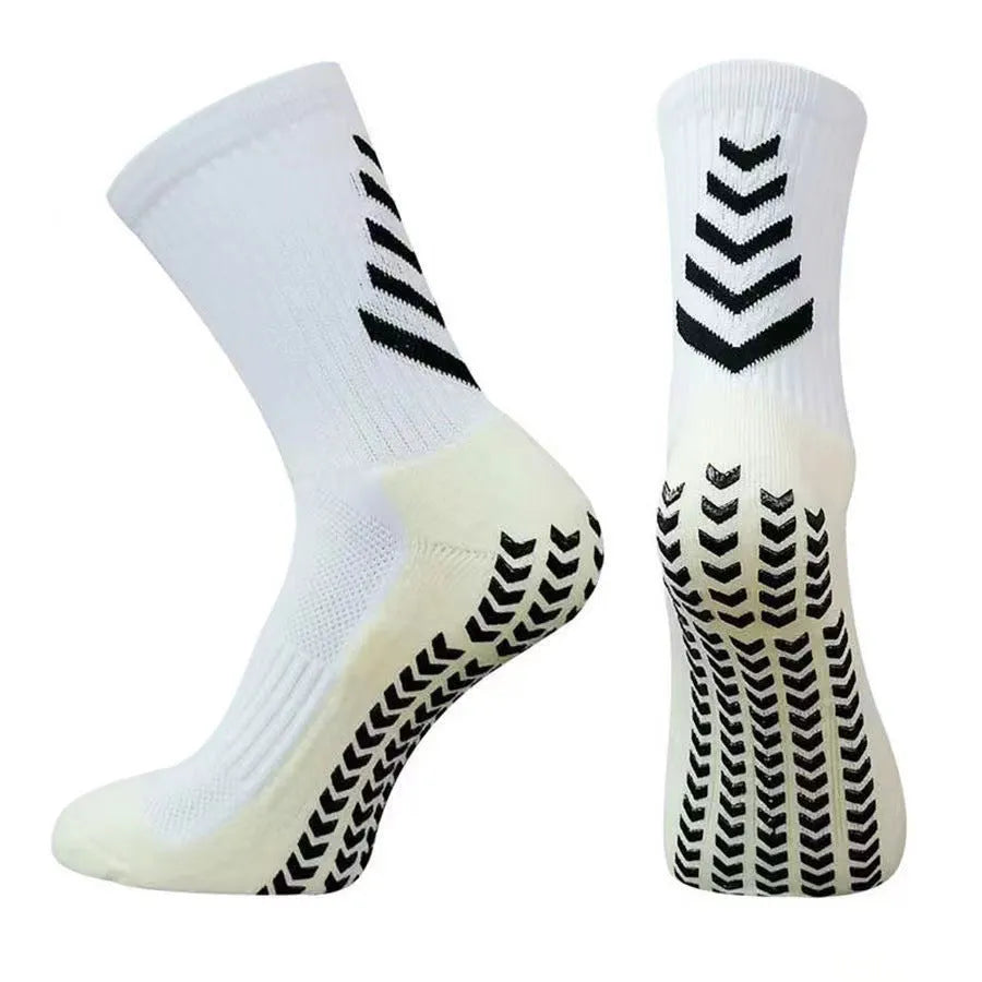 Men's mid-calf athletic socks with geometric patterns and non-slip silicone grip for football and running