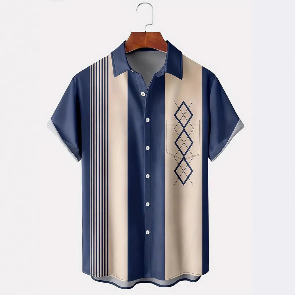 Men's loose fit plaid shirt with lapel cardigan style in contrast colours with short sleeves