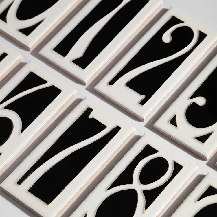Handmade retro ceramic doorplate with enamel art number, measuring 76mm by 152mm.