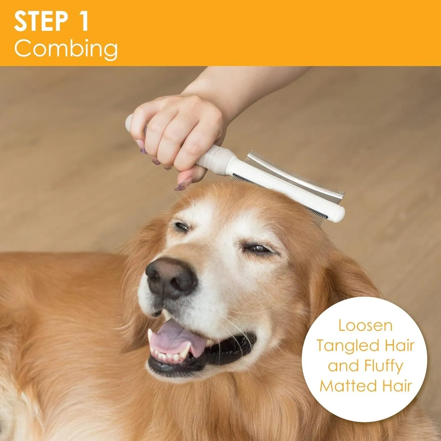 White double-sided dog and cat grooming brush with curved comb and deshedding blade, showing ergonomic handle.