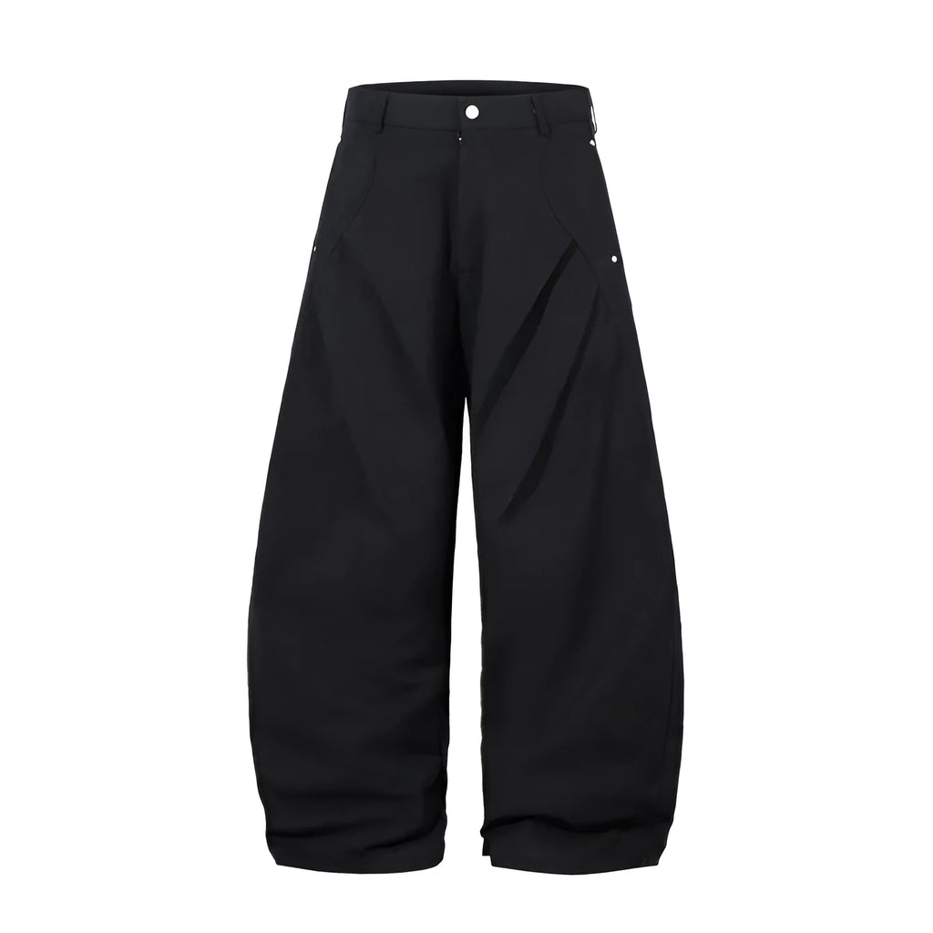 Men's black pleated casual trousers with machete pleats and loose wide-leg fit