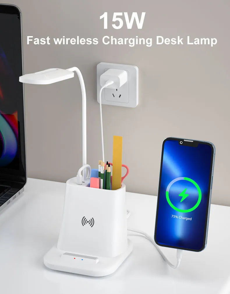 Modern desk lamp with wireless charging pad, pen holder, and LED clock display