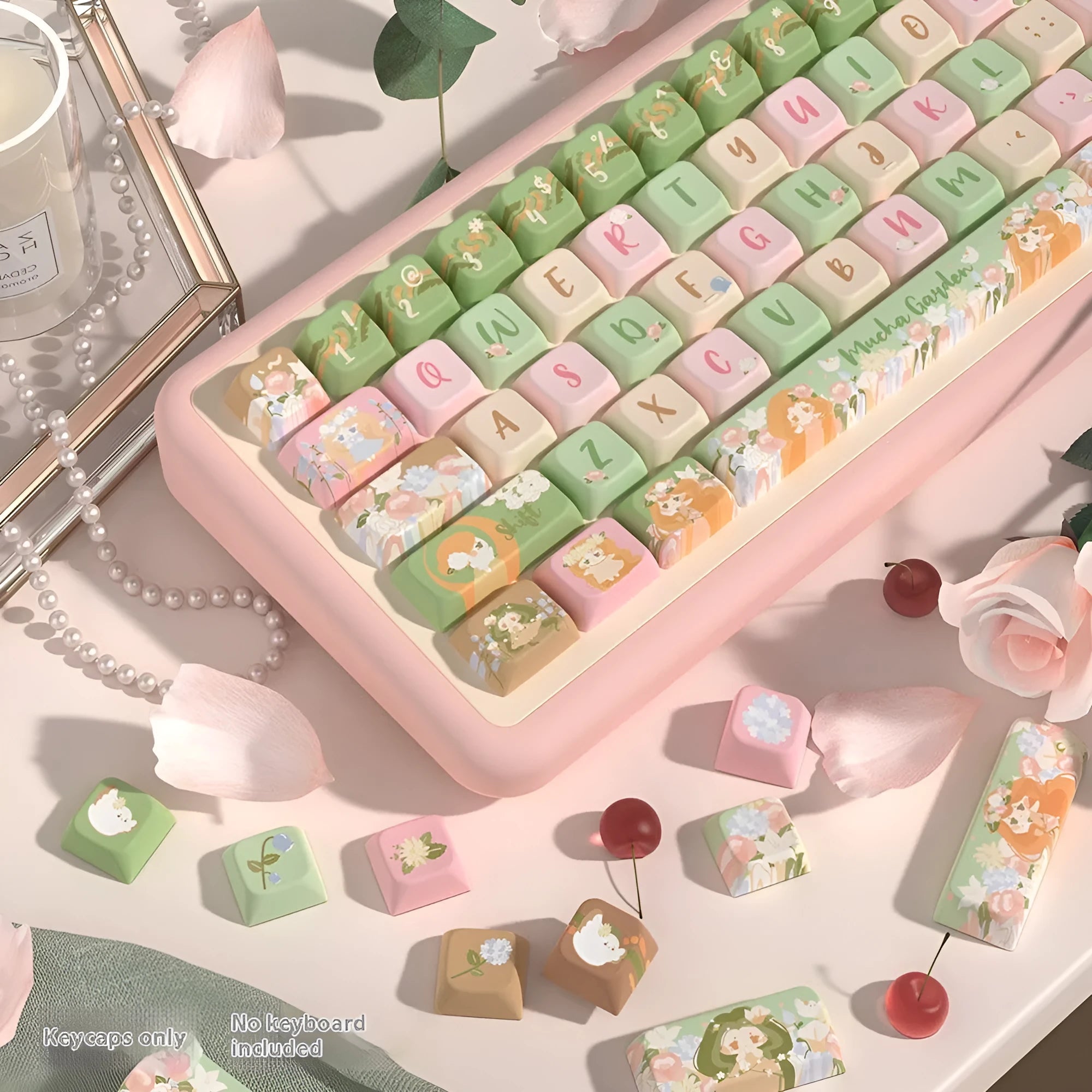 Custom printed Summer Garden theme mechanical keyboard keycaps, showing 138-key and 158-key set options.