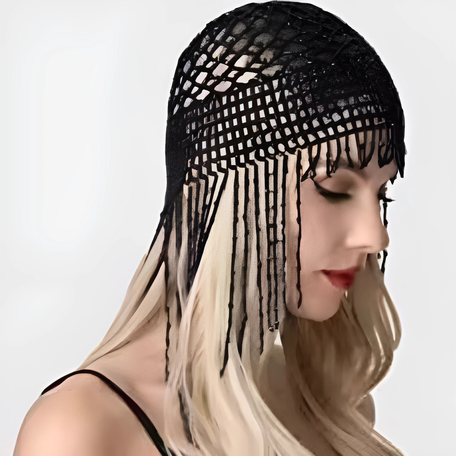 Belly dance headwear with alloy base, handmade beading, and 16.5cm tassels in silver or black mesh decoration