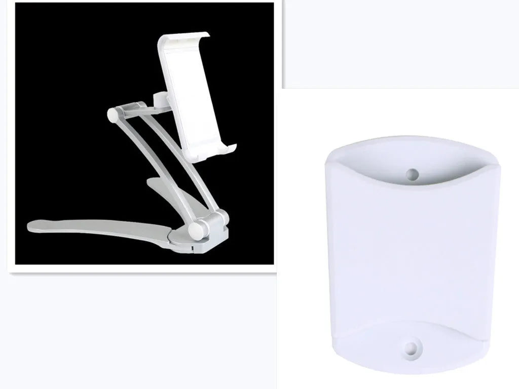 Silver aluminium alloy desktop tablet stand holding a tablet, showing 360-degree rotation adjustment.