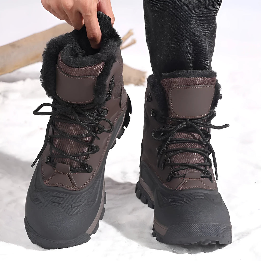Men's black high-top winter boots with fleece lining and lace-up front on a flat sole.