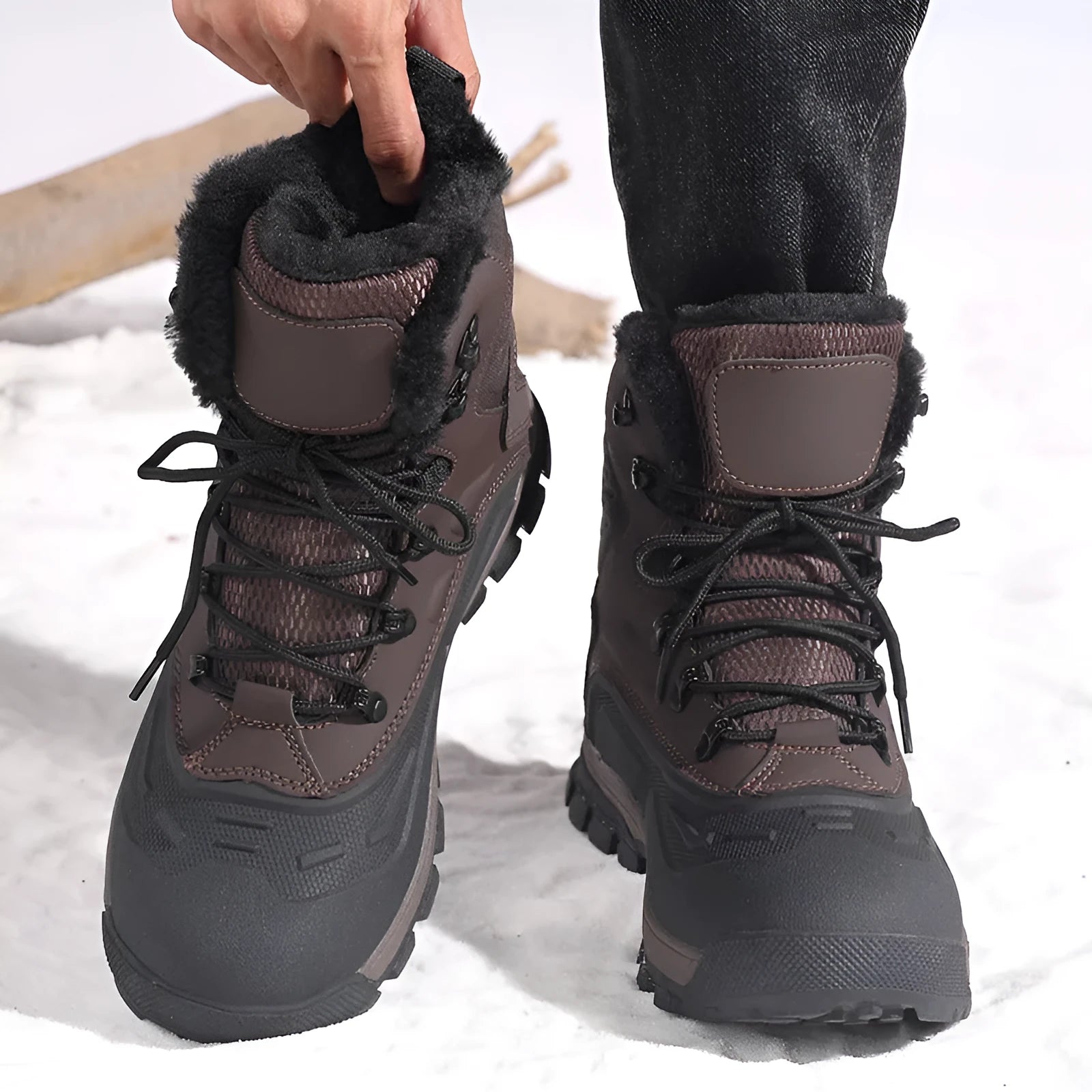 Men's black high-top winter boots with fleece lining and lace-up front on a flat sole.