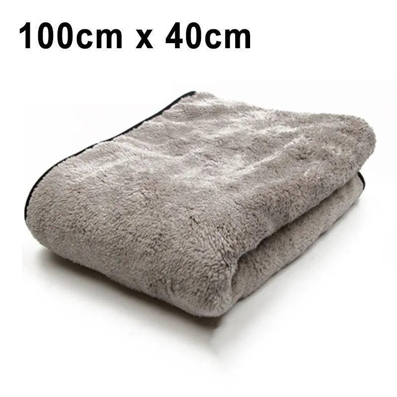 Microfiber car wash towel shown in three size options: 75x35cm, 60x40cm, and 100x40cm.