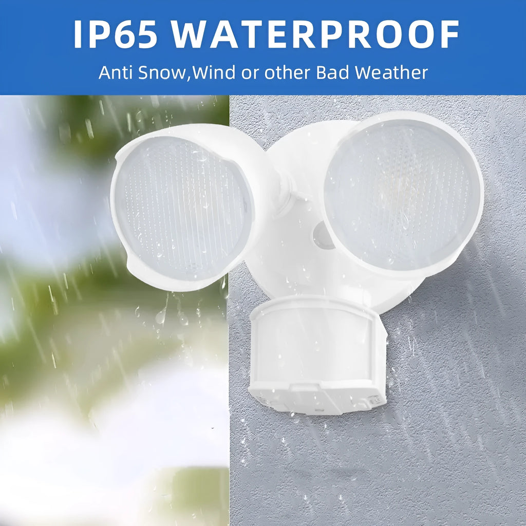 White outdoor LED security flood light with motion sensor showing dimensions 200x195x168mm