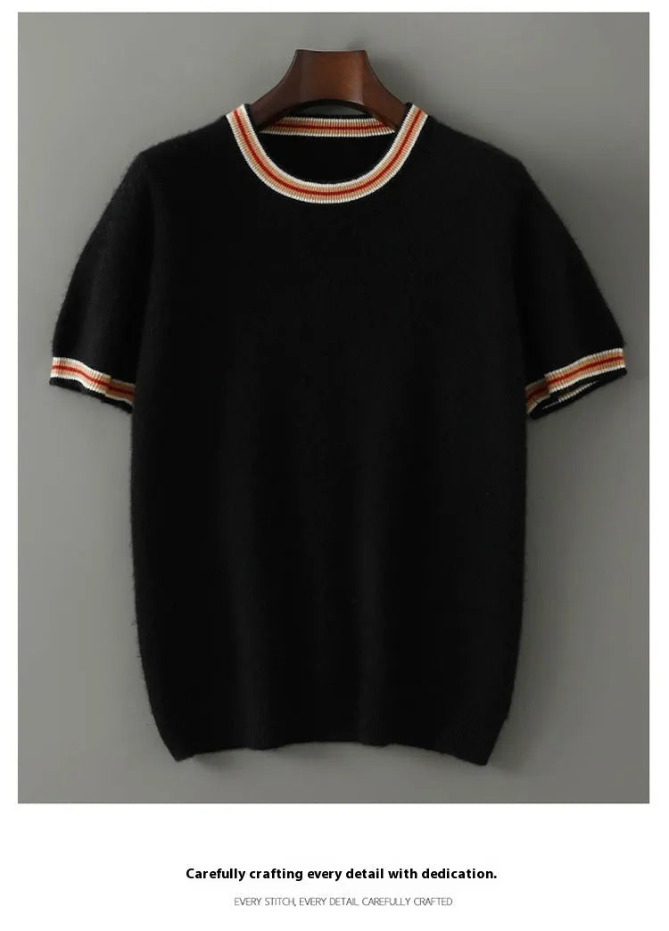 Men's pure wool short sleeve sweater round neck pullover in black, gray, white colours