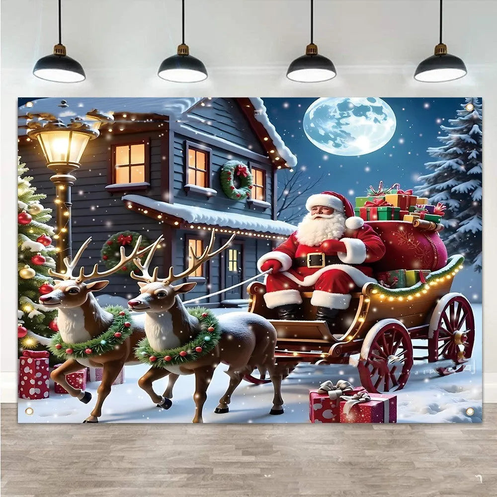 Santa Claus Christmas banner 210x150cm with night sky scene and gifts