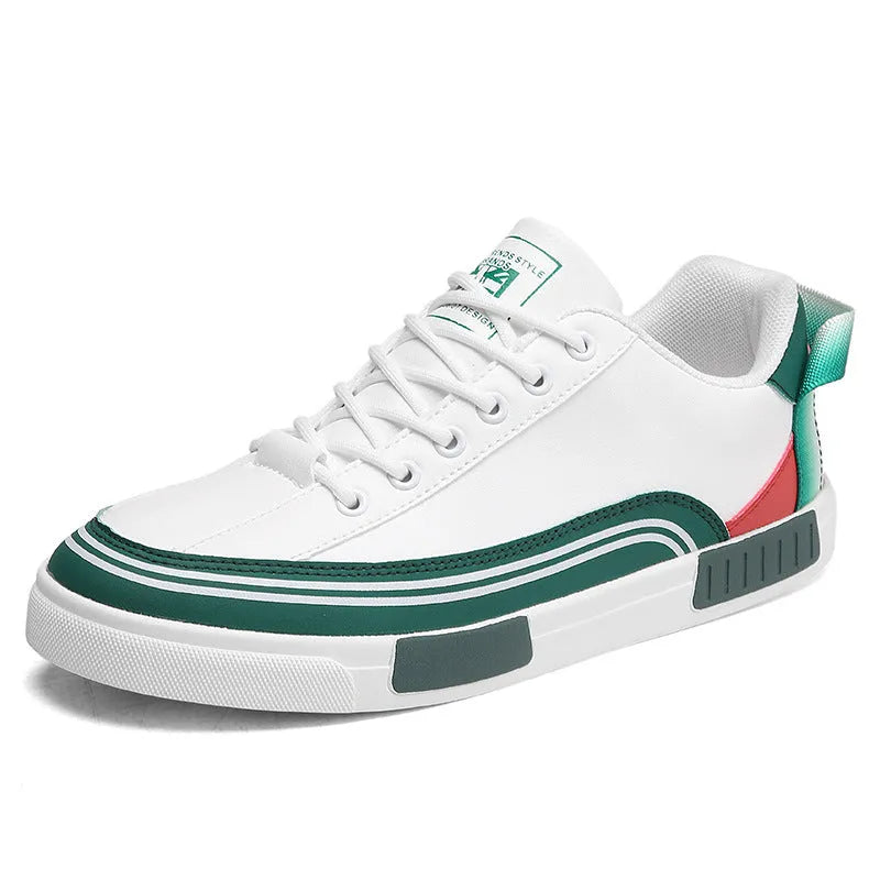 Men's beige, white and green canvas casual shoes with section mesh detail and round toe