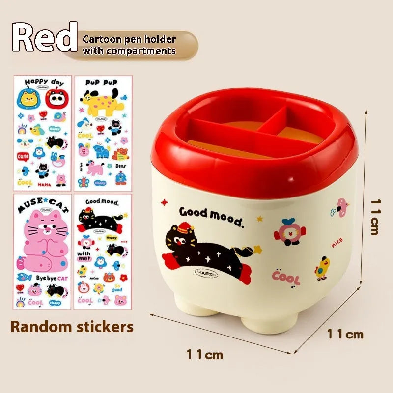 Cartoon design plastic desktop organiser with storage box, pen container, tissue box and coin bank accessories in red and brown colours