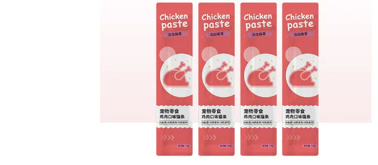 Cat strip snack pack for kittens with four flavour varieties in 10-strip packaging