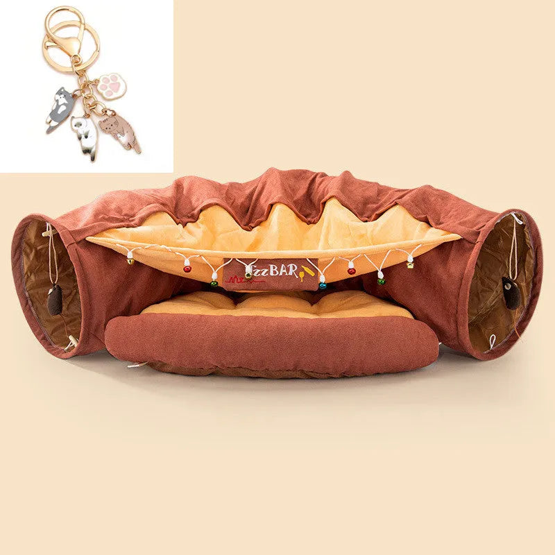 Collapsible cloth cat tunnel shown in one of four colours: Bar, Coffee, Matcha, or Pink