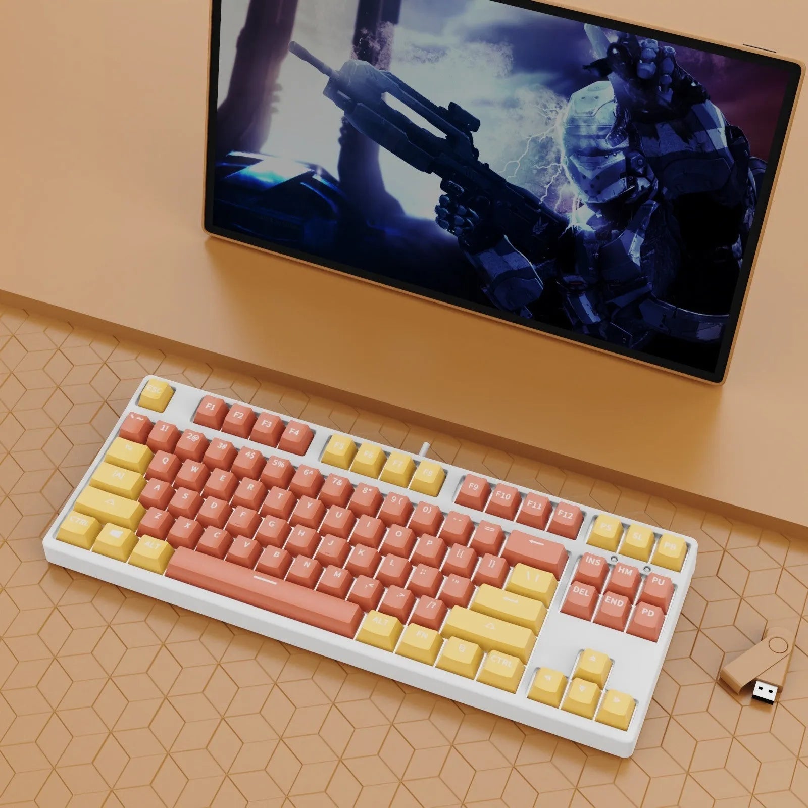 87-key wired mechanical keyboard with hot-swappable sockets showing colour options and included accessories