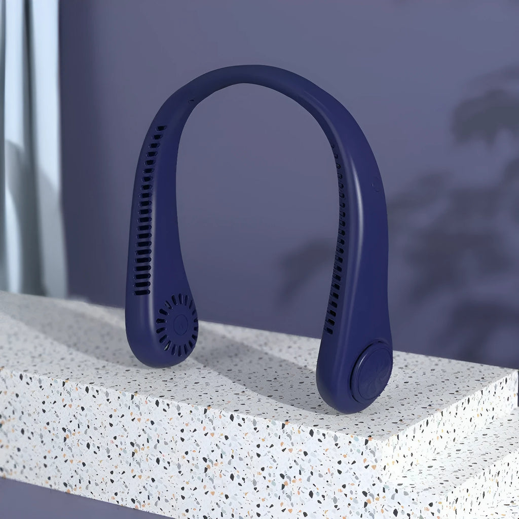 Blue portable bladeless neck fan with USB charging and adjustable speed settings