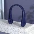 Blue portable bladeless neck fan with USB charging and adjustable speed settings