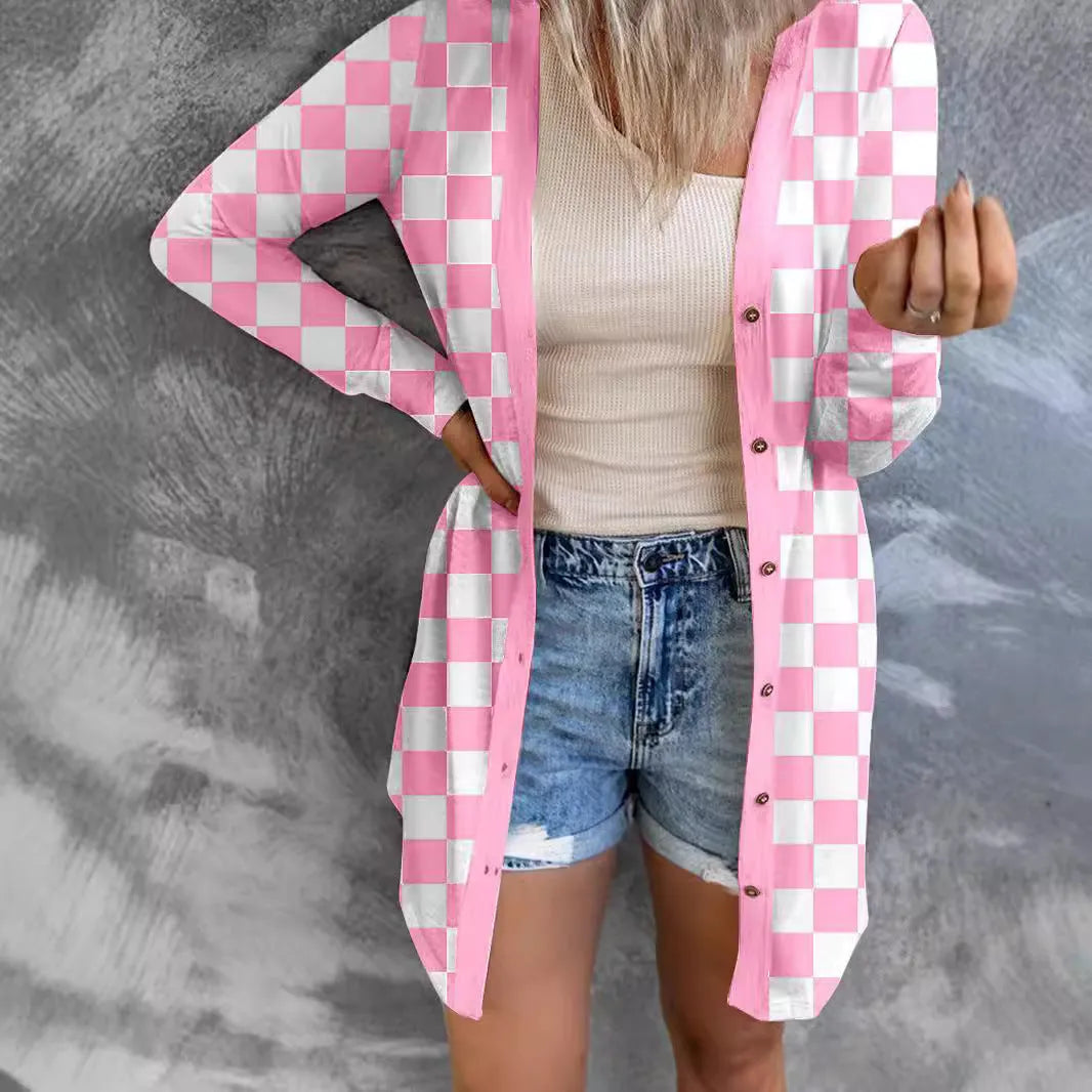 Women's long grey plaid knitted cardigan coat with regular sleeves on a hanger