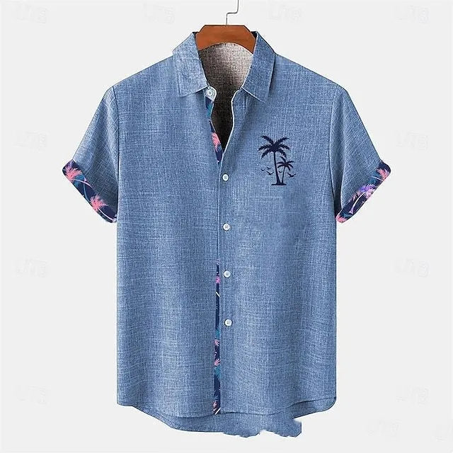 Linen short sleeve shirt with ocean fish pattern print on front, loose fit casual styling