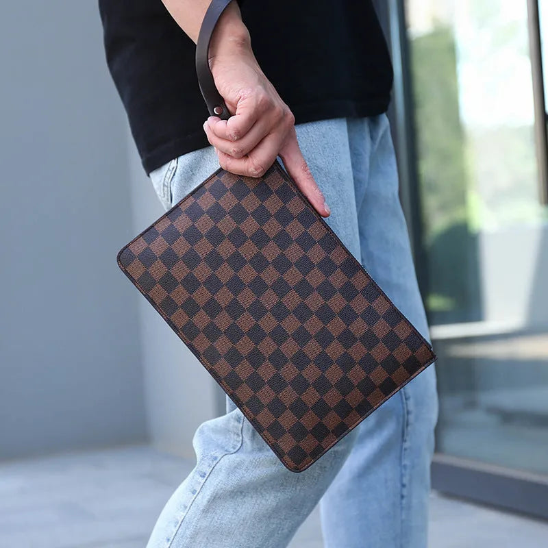 Men's soft PU leather clutch wallet with card slots in plaid or sheepskin design