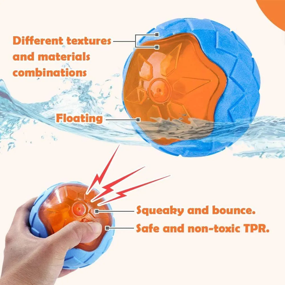 Set of three dog toys: a red ball, a blue barbell, and an orange tyre, floating in water.