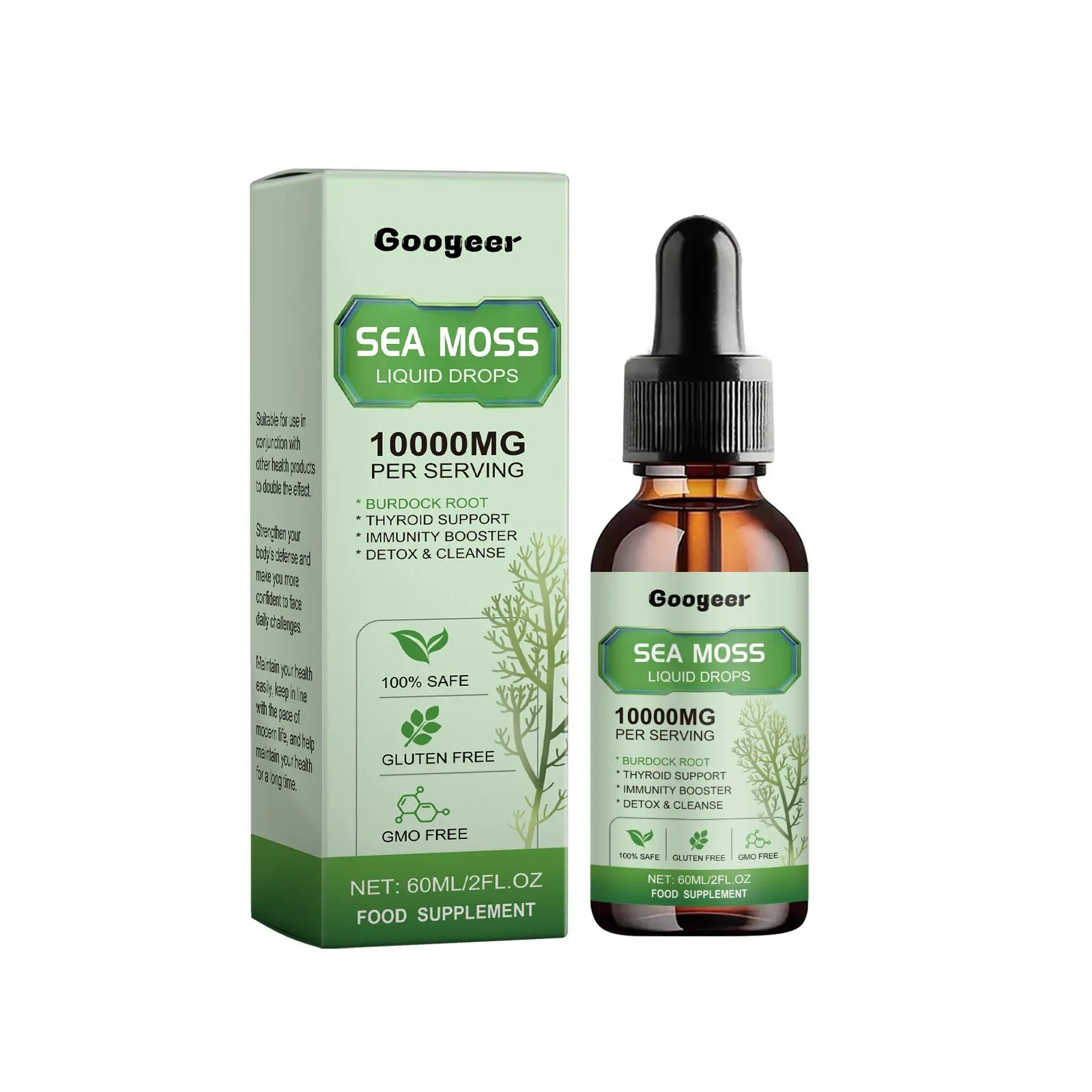 Googeer Sea Moss Liquid Drops 60ml body treatment serum bottle measuring 3.3 x 3.3 x 12cm.