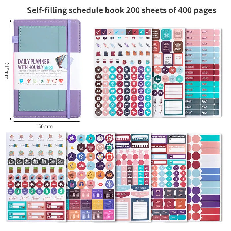 Self-filled no-date notebook with thread binding, showing PU cover in purple with planning stickers