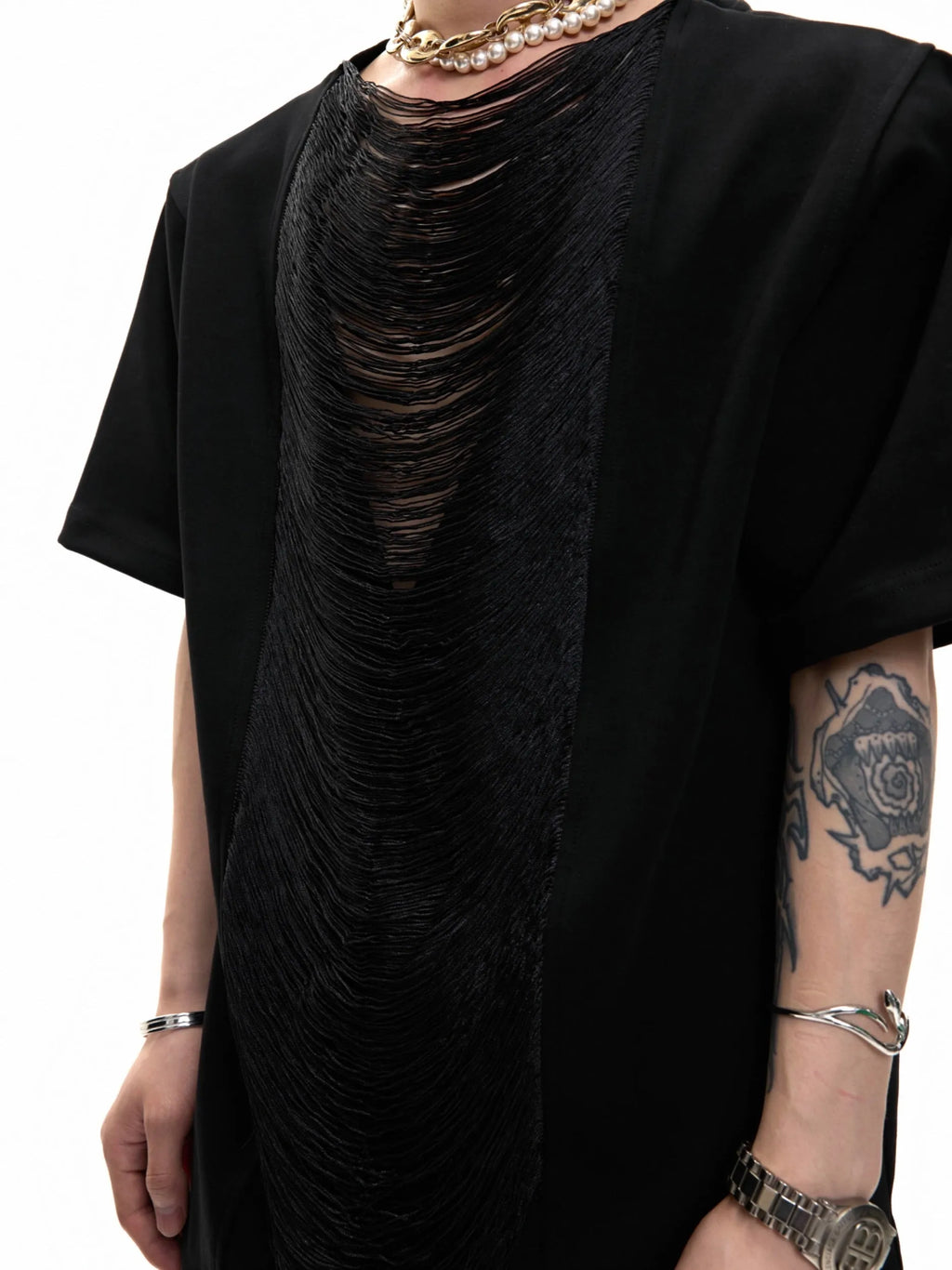 Men's black loose fit t-shirt with hollow out V-neck and three-dimensional cutting