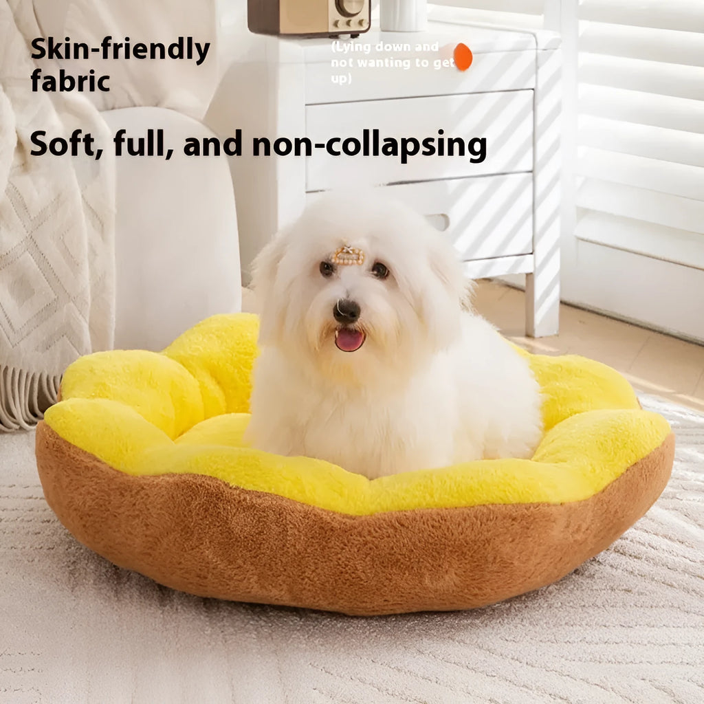 Round rabbit plush cat bed with a detachable cover in a grey and black colour.