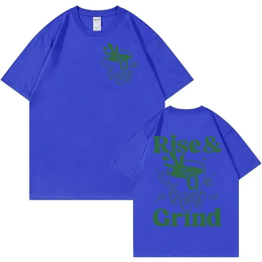 Cartoon Rise and Grind Green Coffee print on a loose-fit linen blend T-shirt.