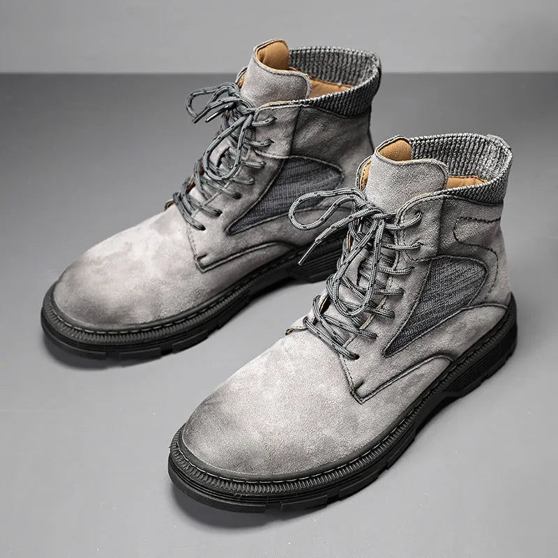 Men's vintage style Martin boots with frosted leather finish and low thick heel