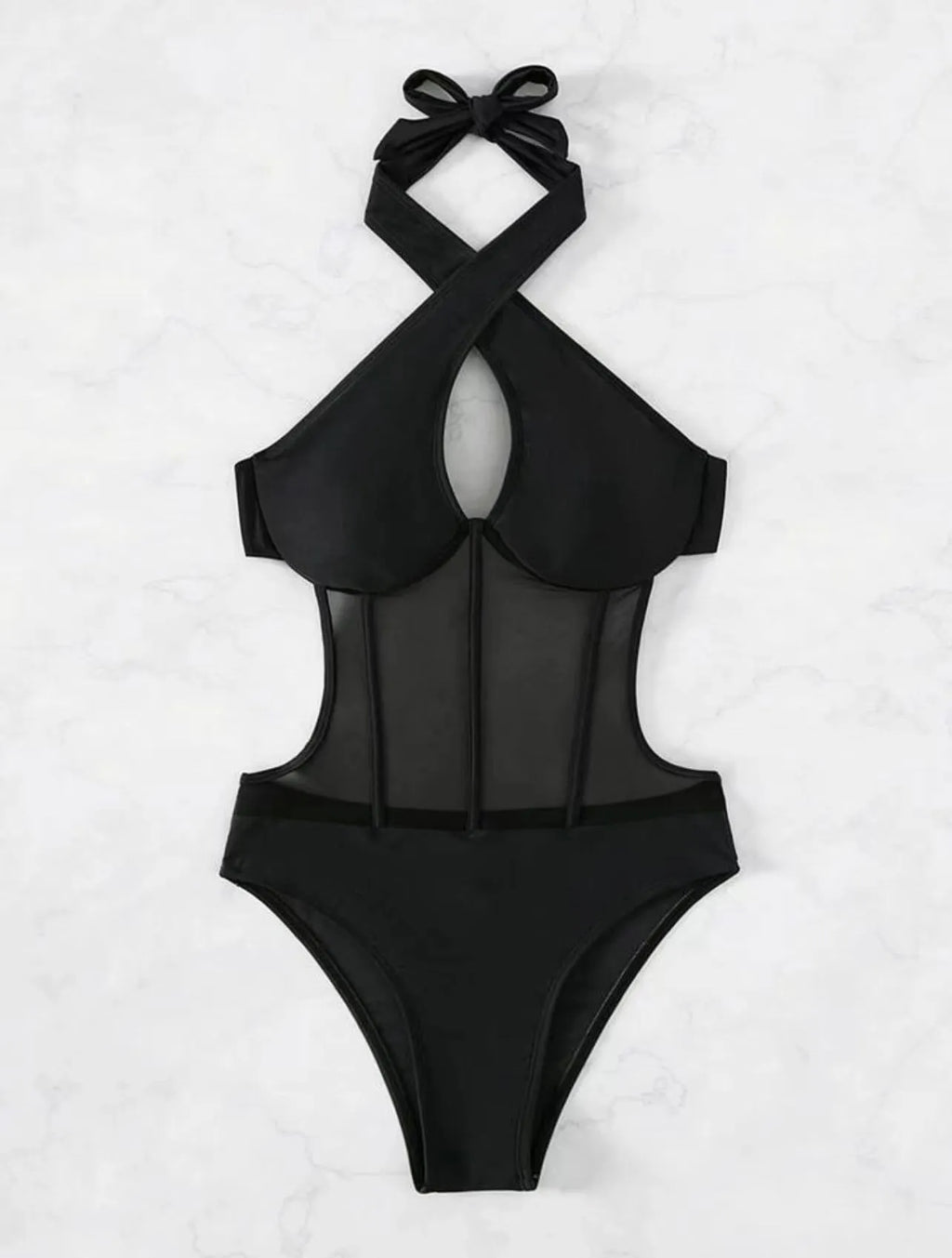 Lady's one-piece spun yarn swimsuit bikini on a hanger, shown in black, rose red, and green colour options.