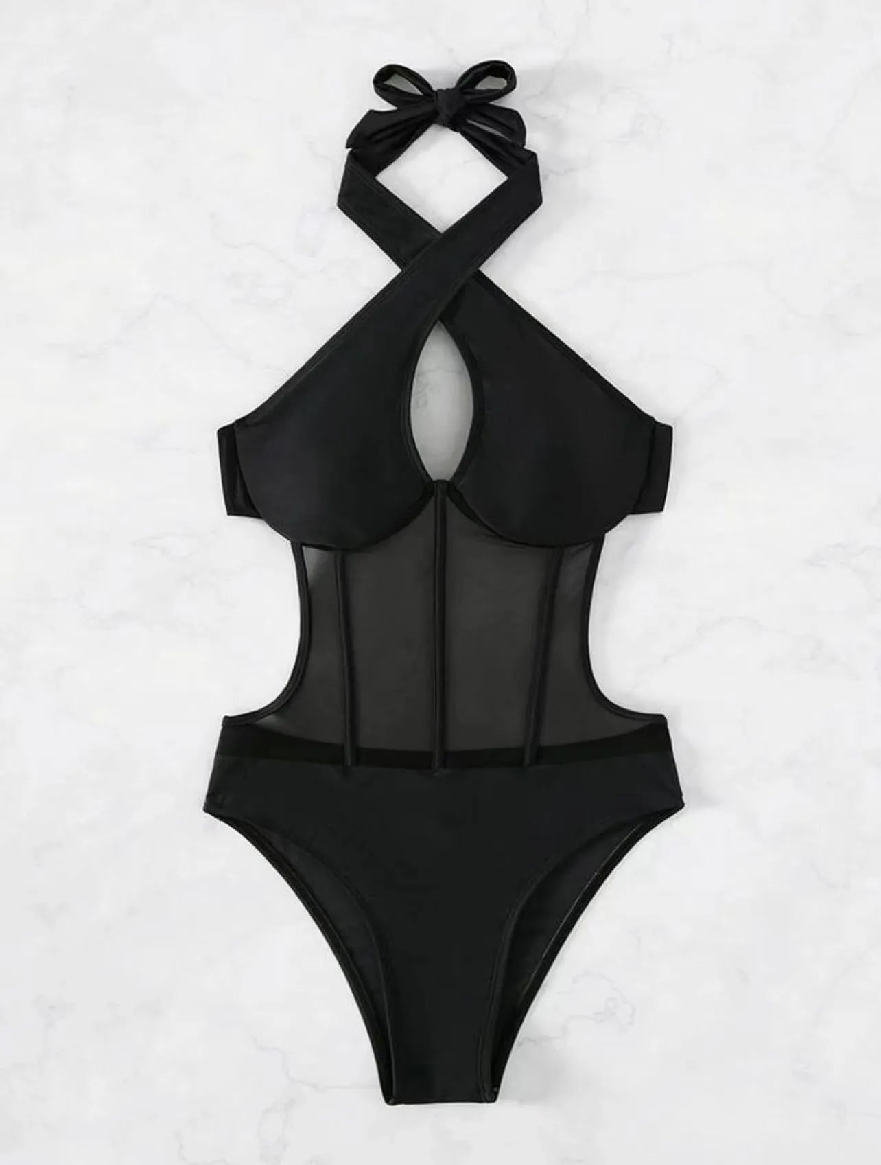 Lady's one-piece spun yarn swimsuit bikini on a hanger, shown in black, rose red, and green colour options.