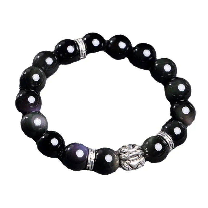 Silver 999 natural obsidian bracelet with Jucai NAFU lucky colour eye design in simple unisex style